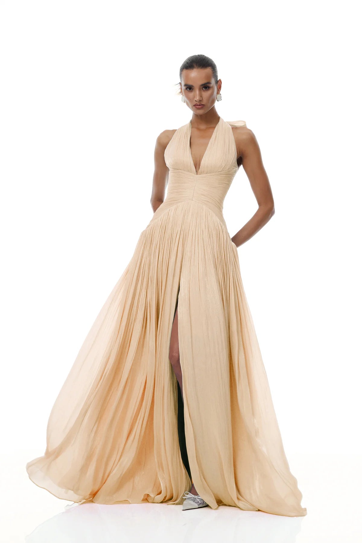 Neutral Glossy Gathered Maxi Dress