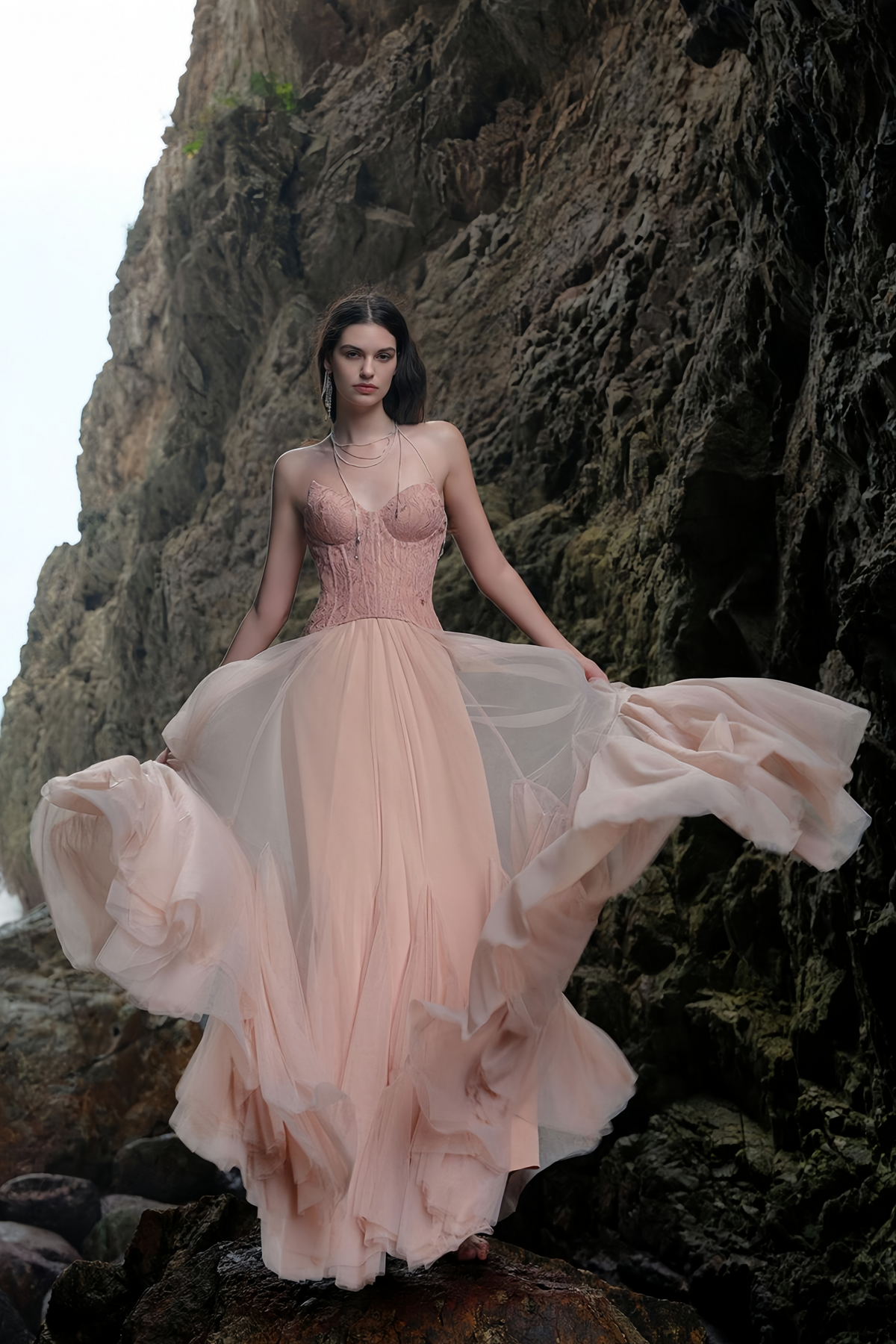 Pink Lace Corset Tulle Maxi Dress