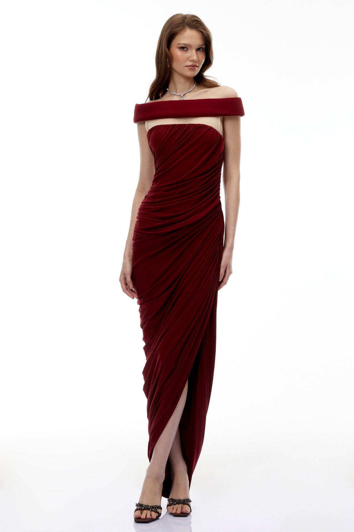 Red Off Shoulder Ruched Maxi Dress