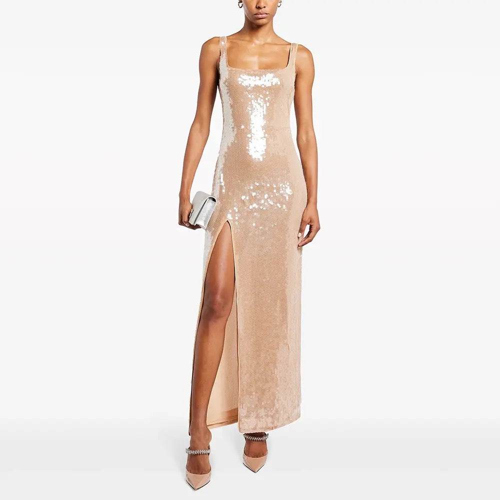 Sequin Sheep Square Collar Maxi Dress - REBECATHELABEL