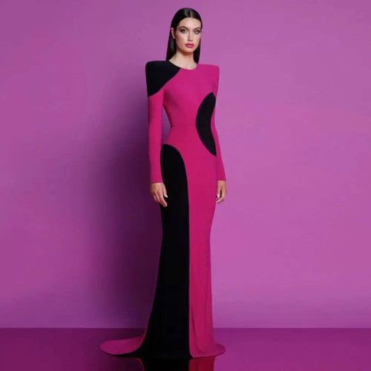 Color Block Long Sleeve Tight Long Bandage Dress - REBECATHELABEL