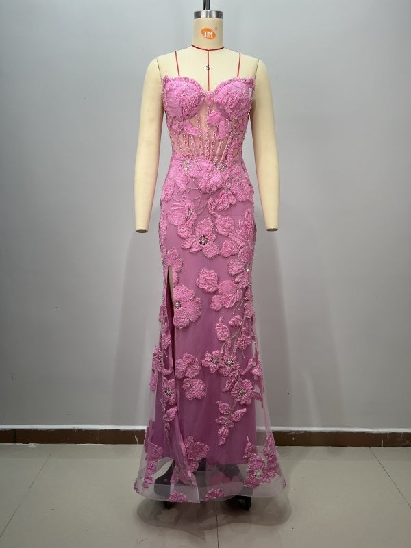 Three-dimensional Heavy Industry Dish Flower Beading Sexy Tube Top Split Party Dress