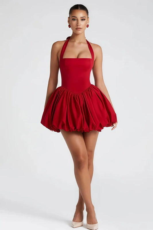 Red Shirred Puffball Mini Dress