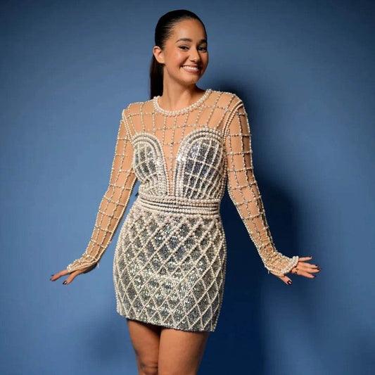 Long sleeved Tight Beaded Sequin Round Neck Mini Dress - REBECATHELABEL