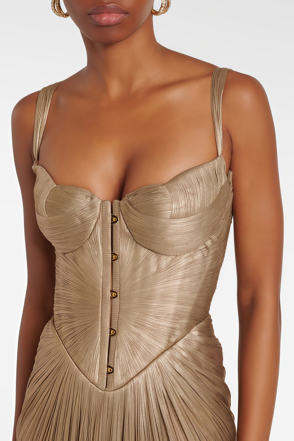 Gold Glossy Pleated Corset Maxi Dress