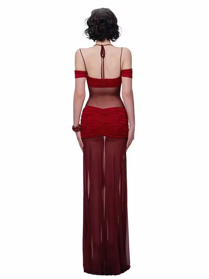 Red Ruched Lace Panel Meah Midi Dress