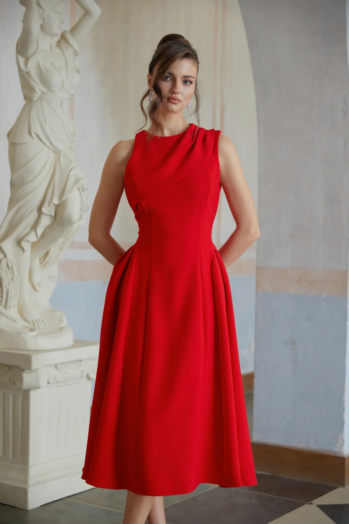 Red Shawl Collar Shirred Midi Dress