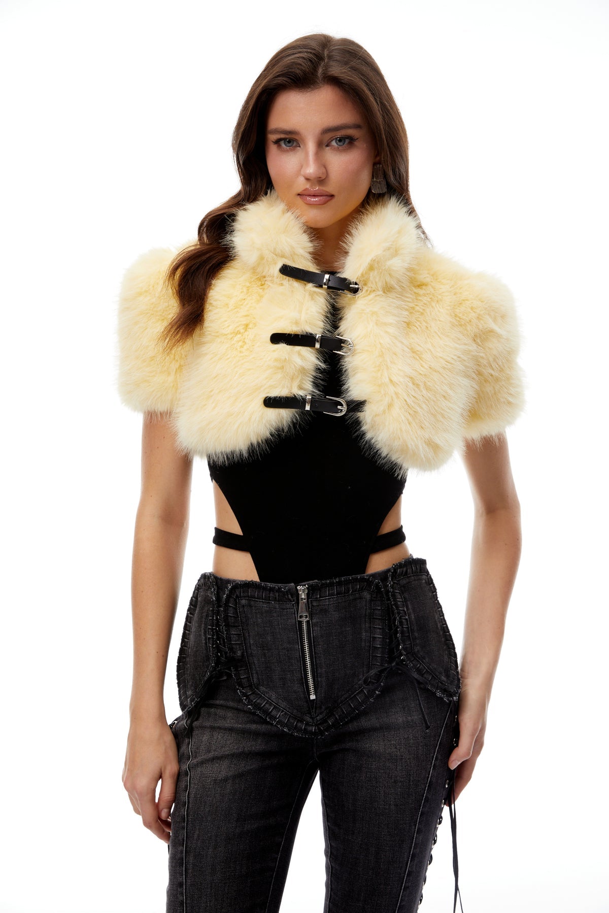 Yellow Faux Fur Buckle Up Shrug