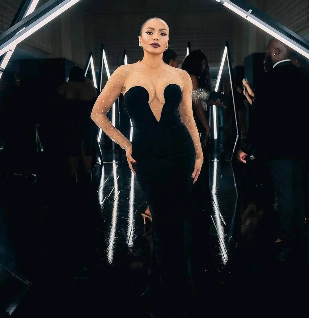 Mesh Long sleeved Patch Black Velvet dress - REBECATHELABEL