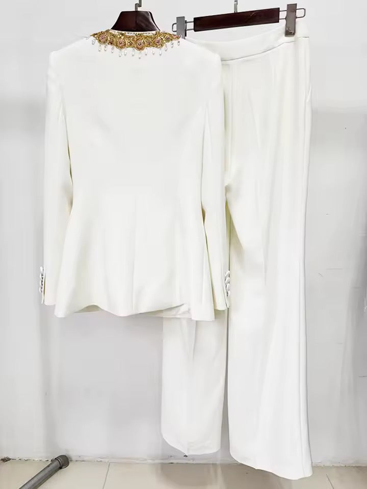 Beaded Suit Zipper Blazer+Wide Leg Pants Two-Piece Set