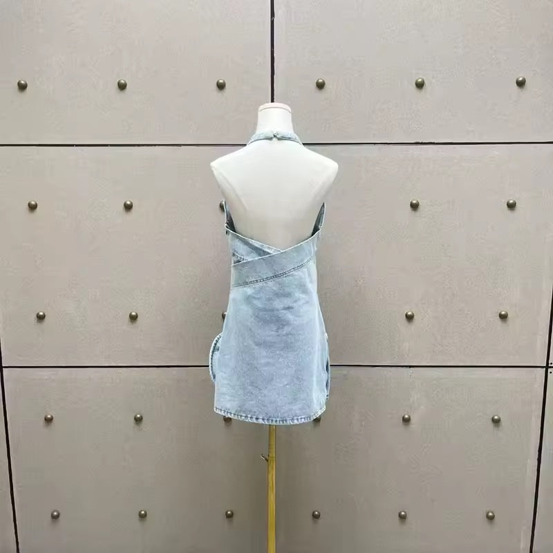 Dimensional Rose Embellished Dress, Sleeveless Backless Mini Dress