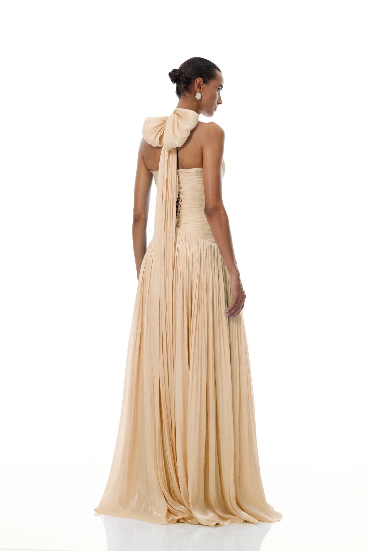 Neutral Glossy Gathered Maxi Dress