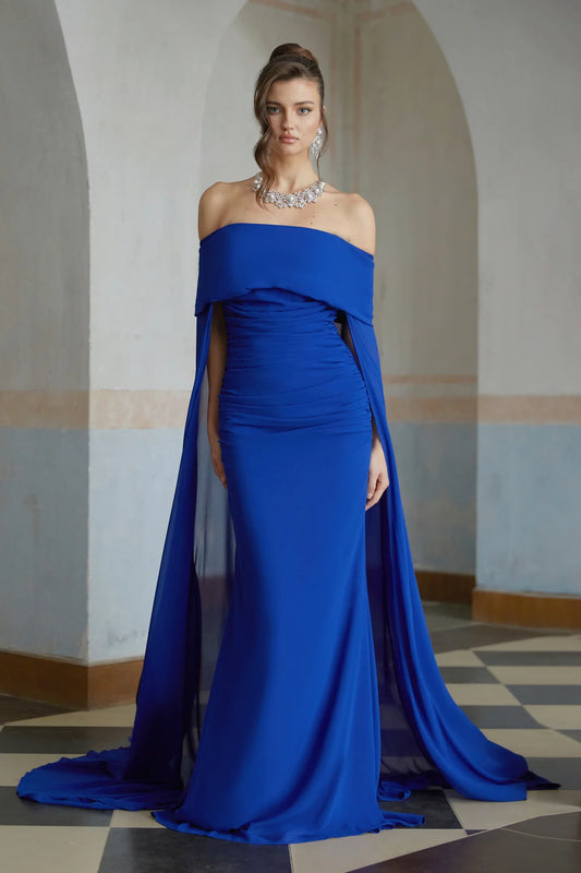 Blue Cape Design Ruched Maxi Gown