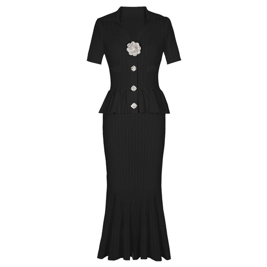 Knitted Collar Slim Fit Short Sleeved Three-dimensional Flower Button Long dress