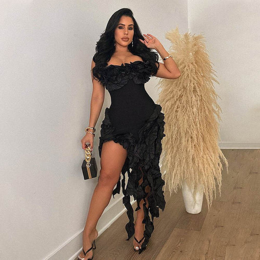 Strapless Ruffles Tassel Splicing Irregular dress - REBECATHELABEL