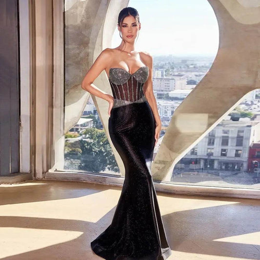 Strapless Sparkling Diamond Mermaid Long dress - REBECATHELABEL