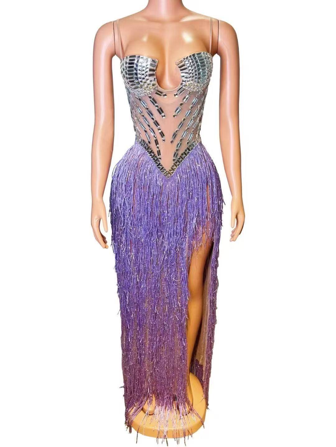 Strapless Rhinestone Tassel High Long Dress