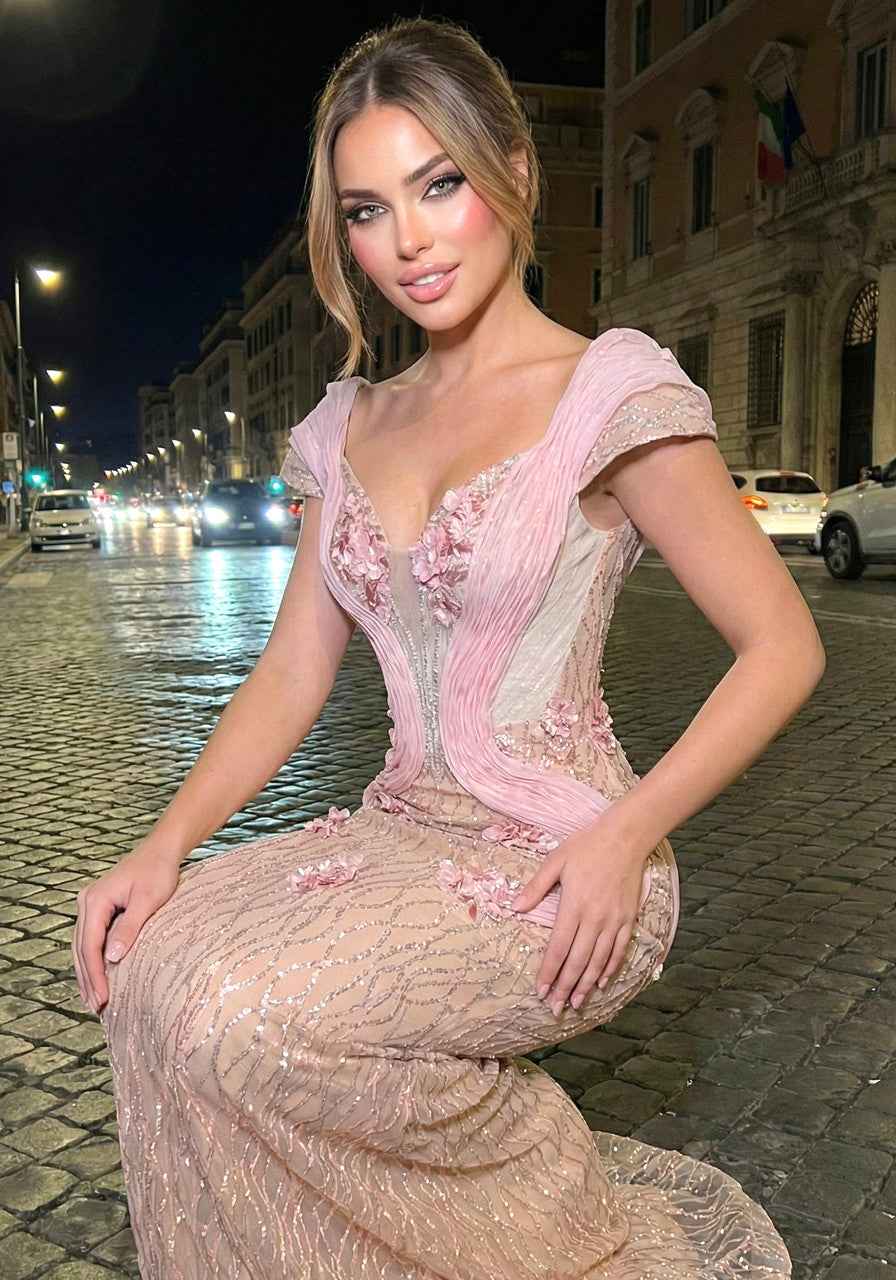 Bardot Floral Sequin Maxi Dress Nude Pink