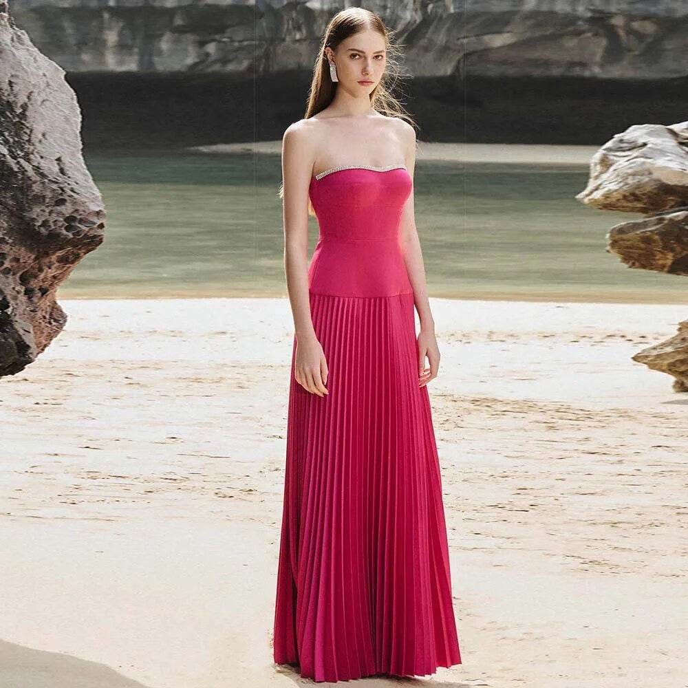 Rose Red Sexy Strapless Slim Fit Long Dress - REBECATHELABEL