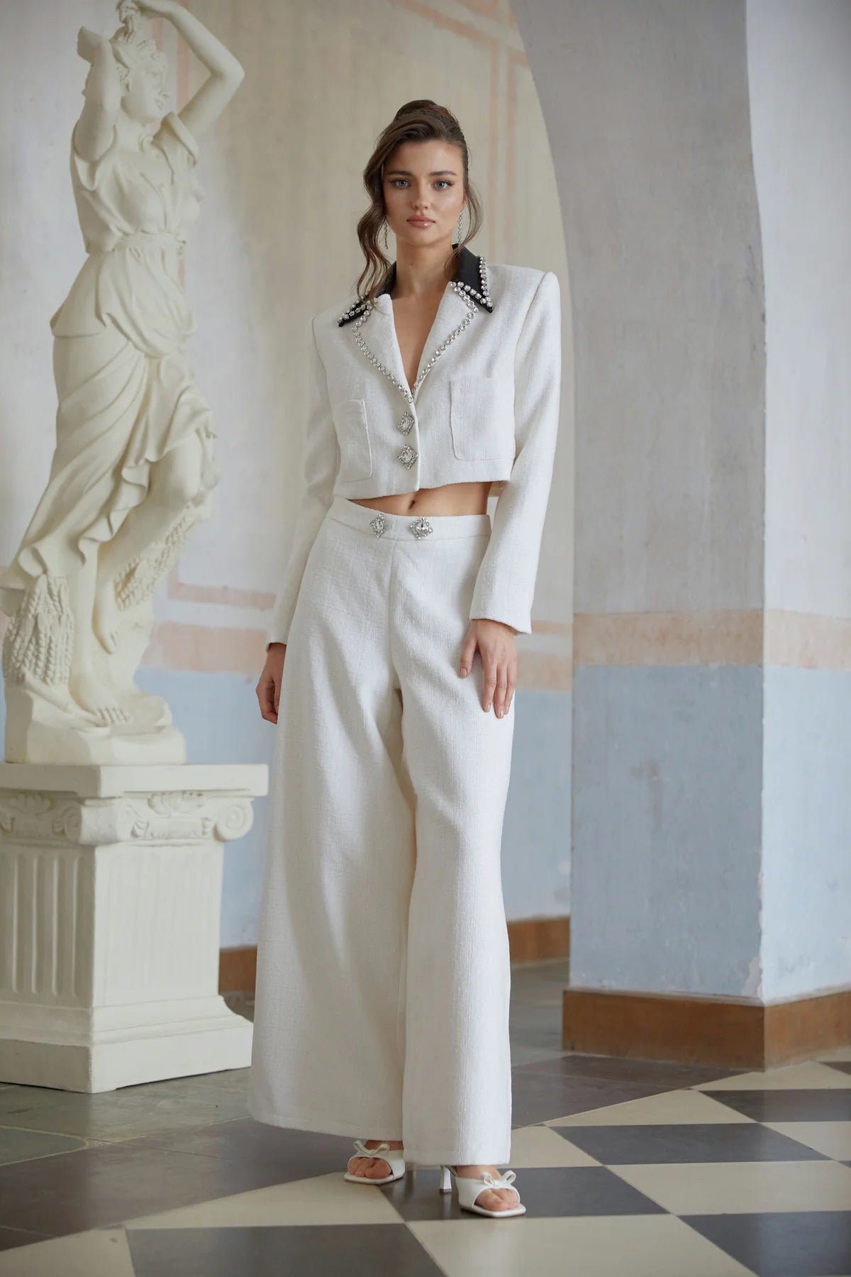 White Embellished Tweed Jacket & Trousers Set