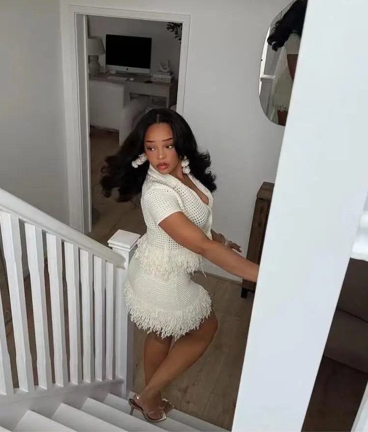 Joskaa Tassel Short Sleeve Casual Knitted Top tshirt Cardigan Skirt set