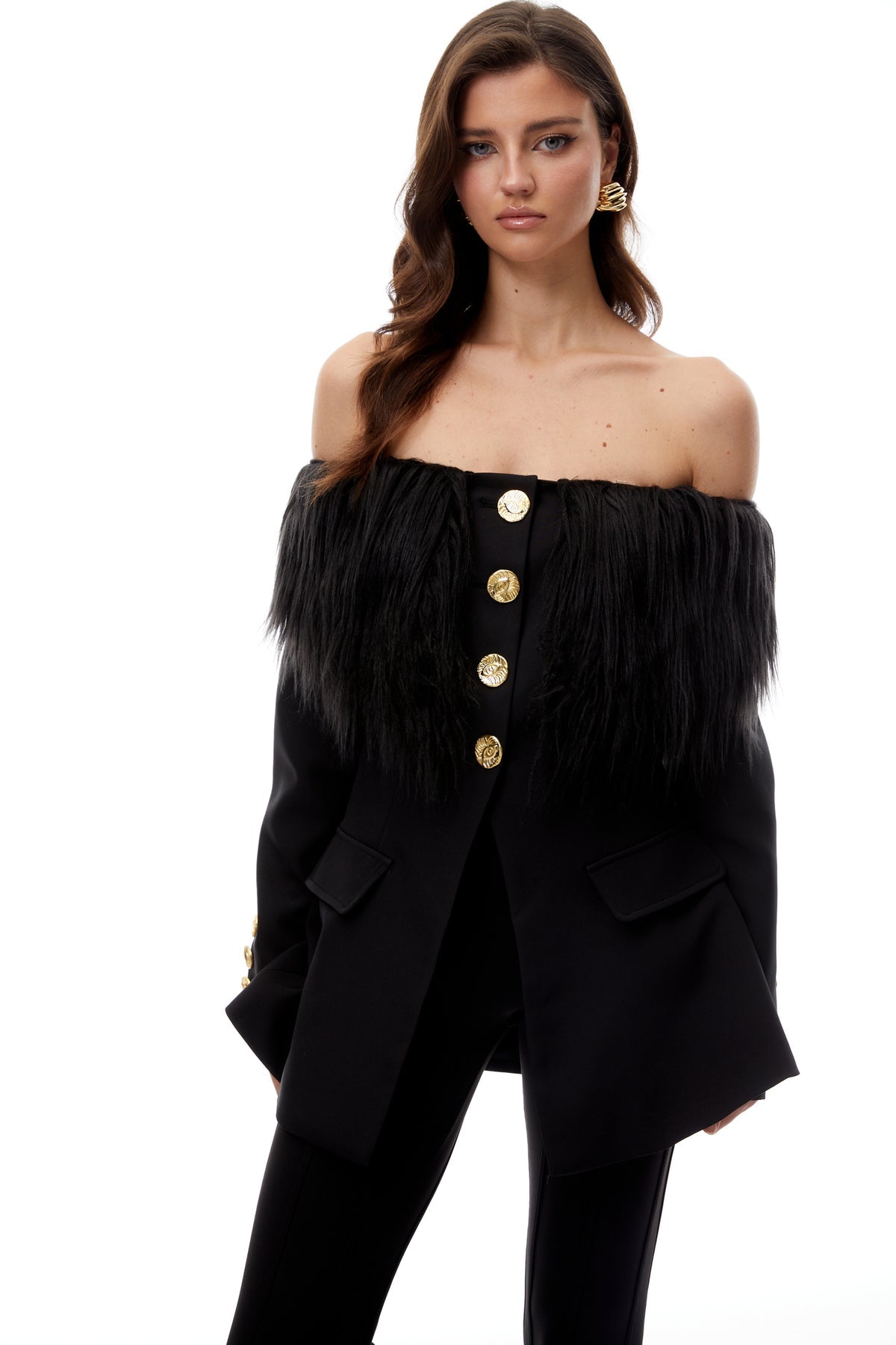 Black Off Shoulder Fur Trim Blazer