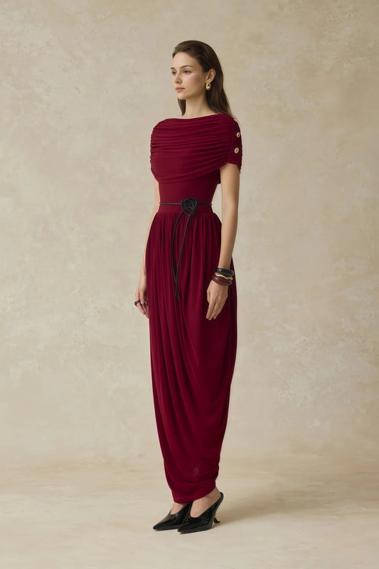 Burgundy Shawl Design Draped Maxi Dress