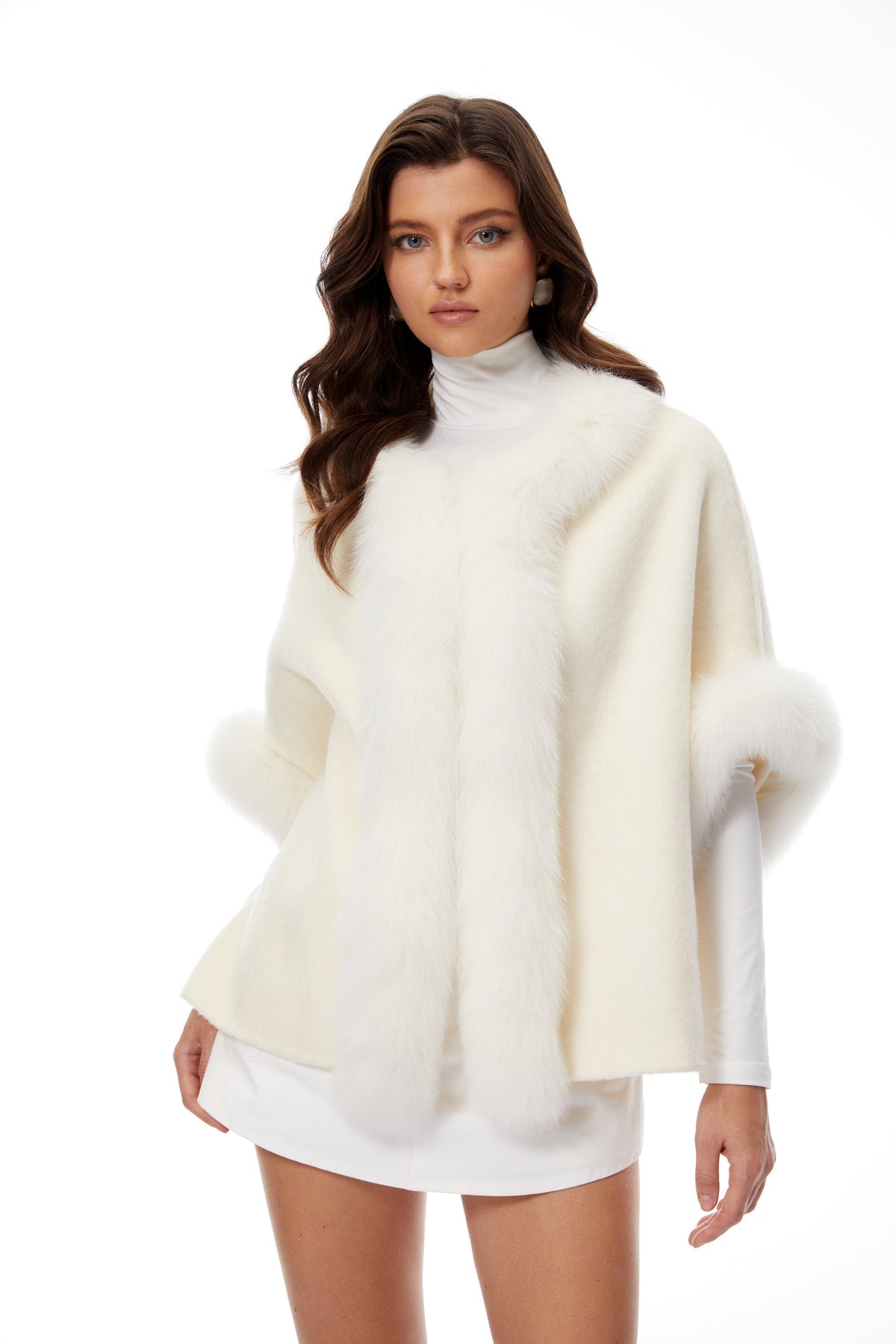 White Fur Panel Wool Cape Coat