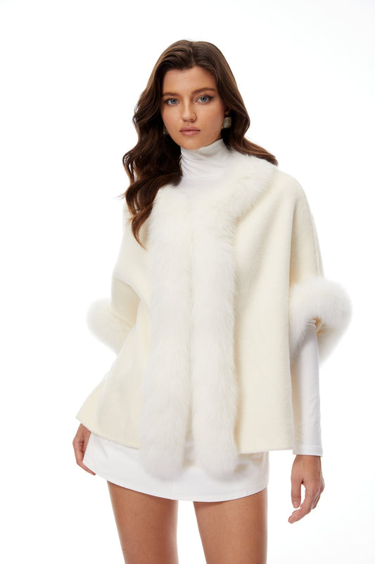White Fur Panel Wool Cape Coat