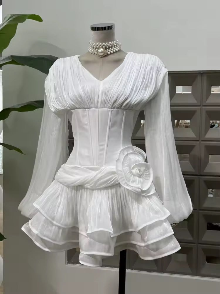 V Neck Lantern Sleeve Ruffles Mini Dress