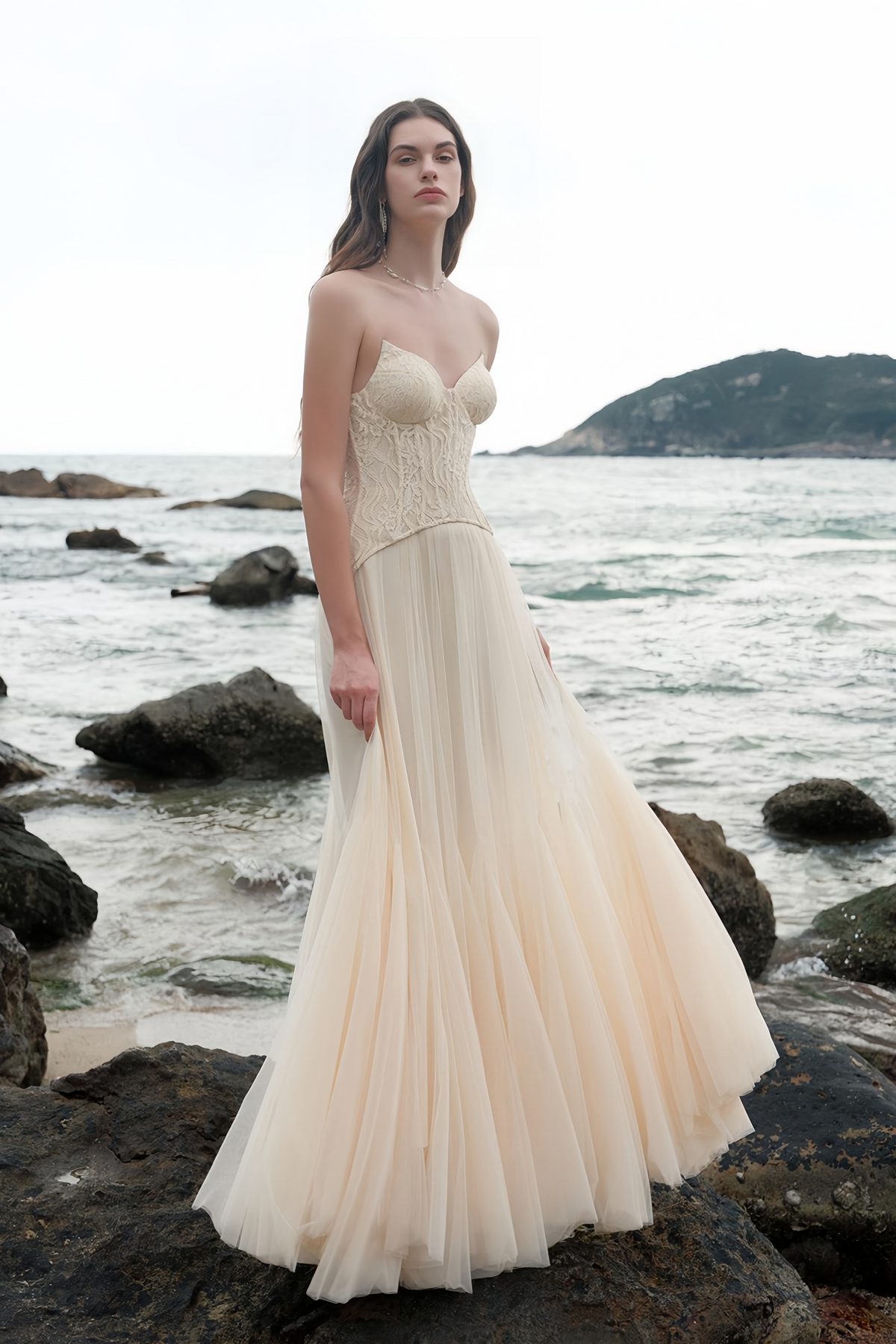 Beige Lace Corset Tulle Maxi Dress