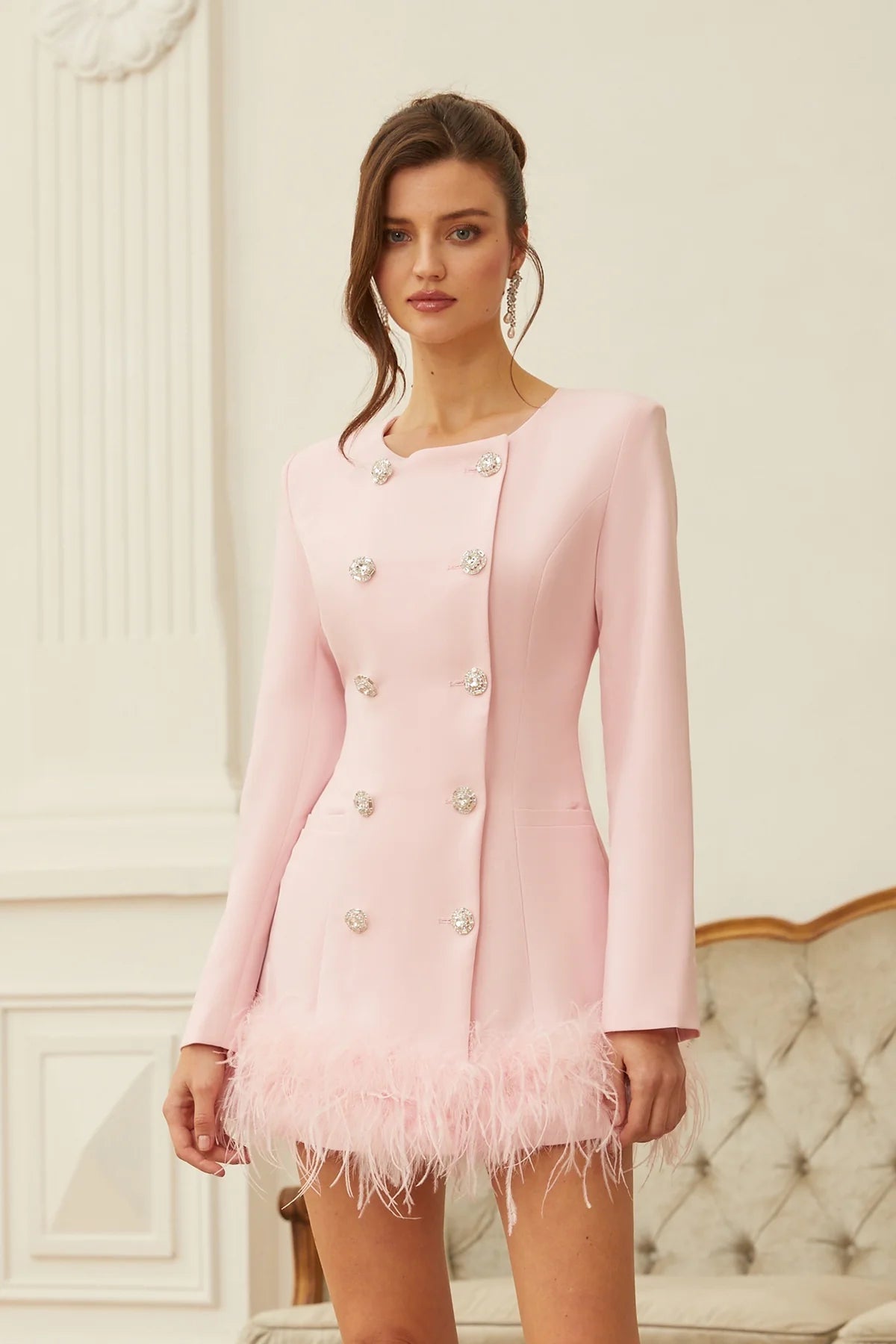 Pink Feather Trim Mini Blazer Dress