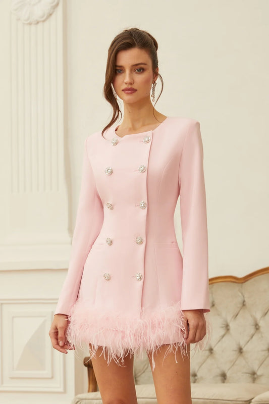 Pink Feather Trim Mini Blazer Dress