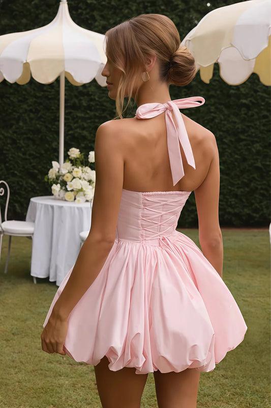 Pink Shirred Puffball Mini Dress