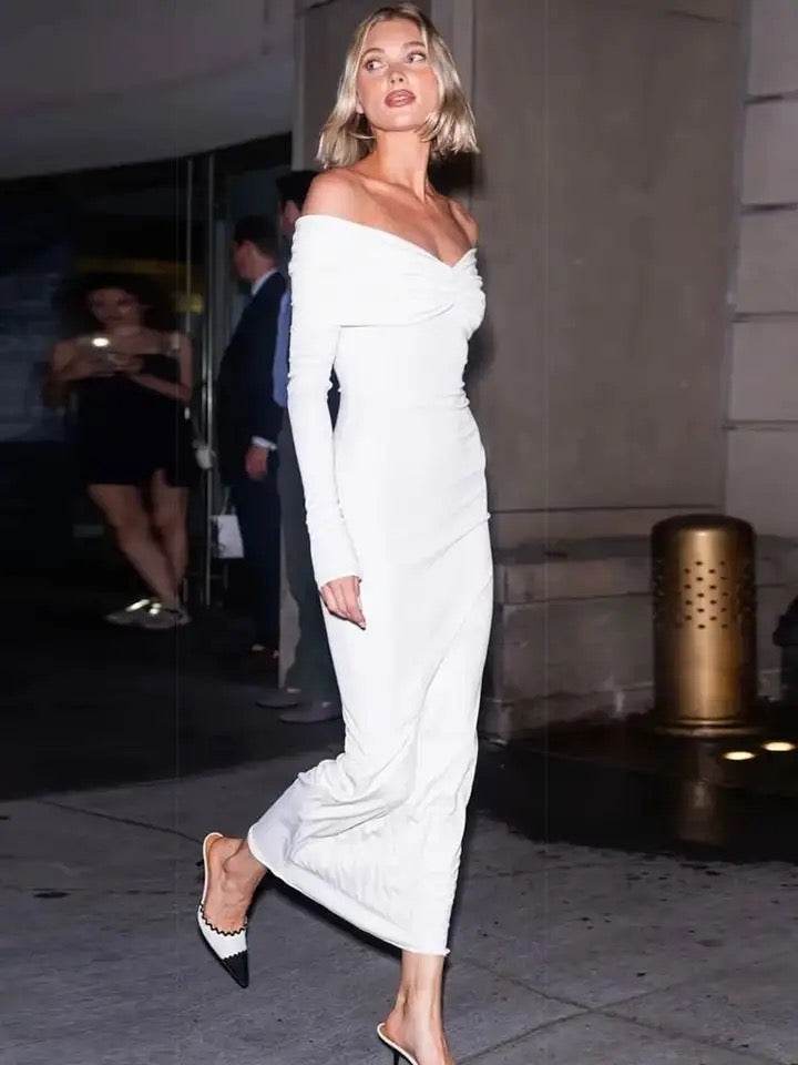 Diagonal Neckline Draping Pleated Tight dress - REBECATHELABEL