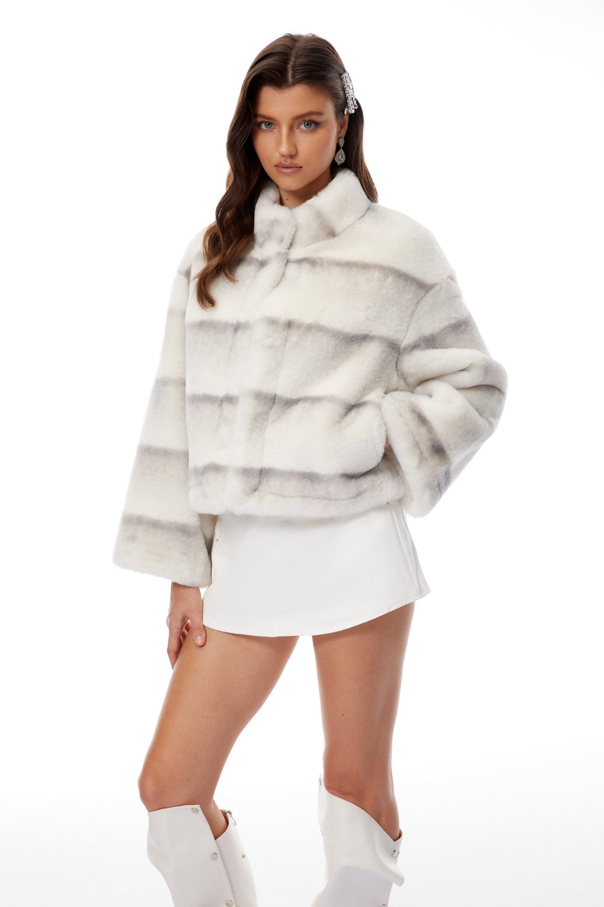 White Gradient Faux Fur Short Coat