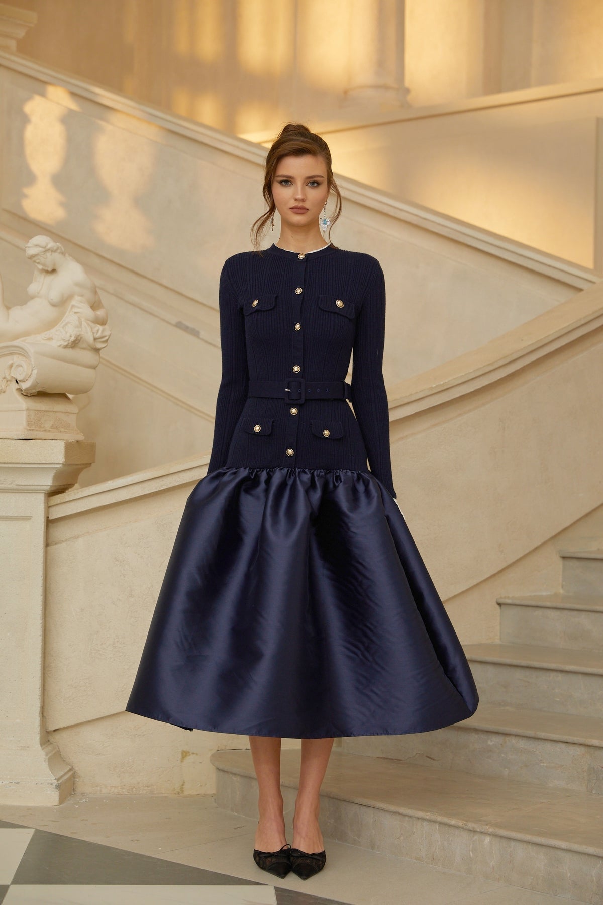 Navy Blue Satin Panel Knit Midi Dress