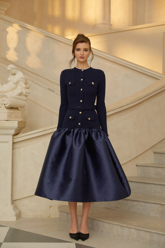 Navy Blue Satin Panel Knit Midi Dress