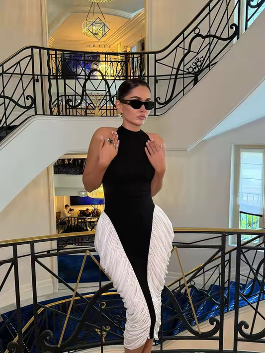 Hip Wrapped Patchwork Sleeveless Midi Dress