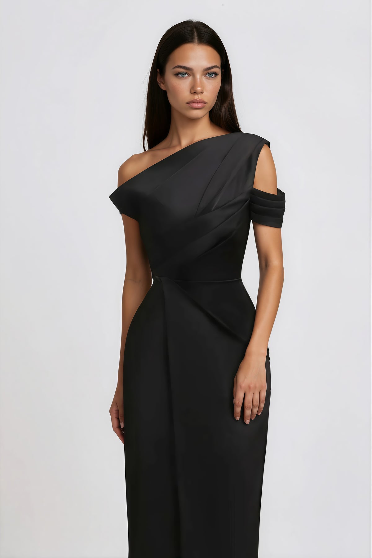 Black One Shoulder Asymmetrical Midi Dress
