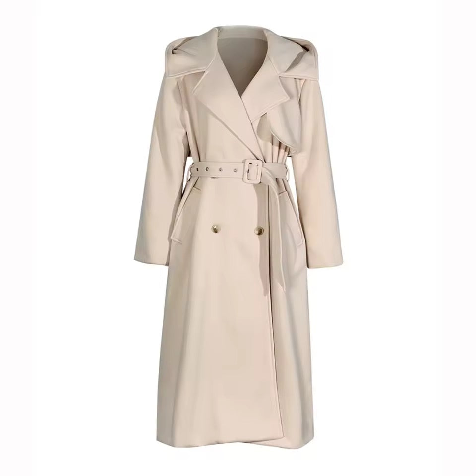 Fleece Hooded Loose Trench Coat Midi Length coat