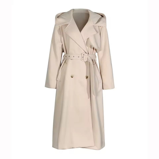 Fleece Hooded Loose Trench Coat Midi Length coat