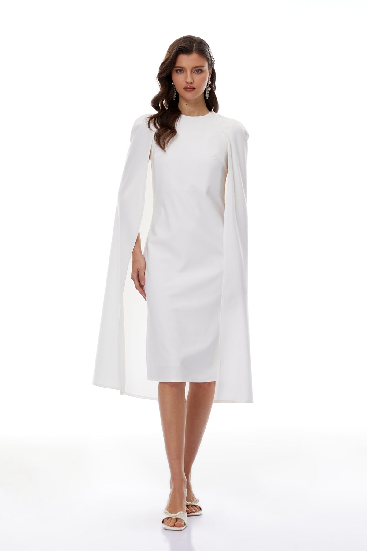 White Cape Effect Midi Dress