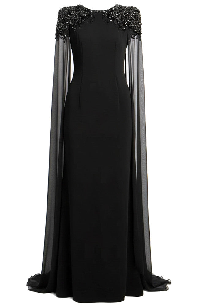 Cape Sleeve Crystal Shoulder Maxi Dress