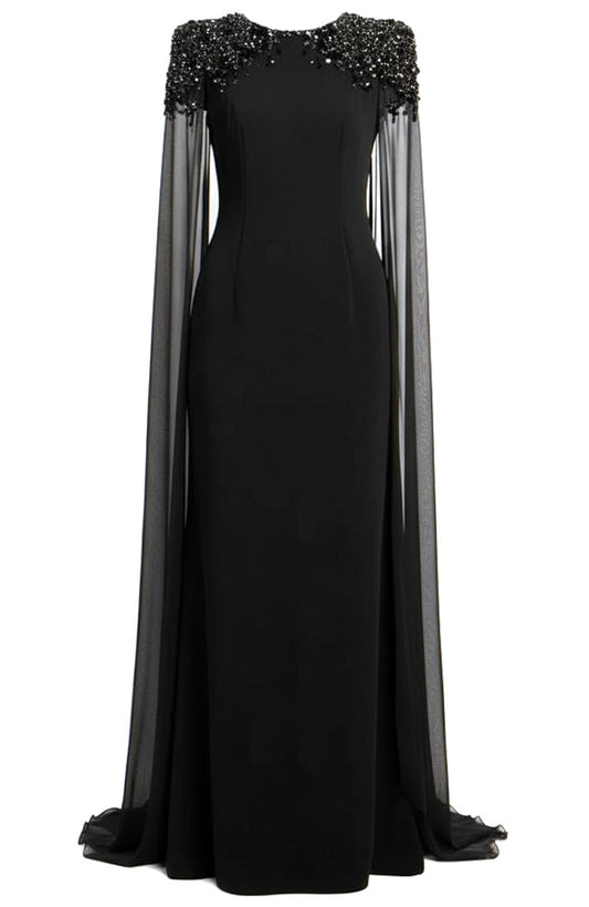 Cape Sleeve Crystal Shoulder Maxi Dress