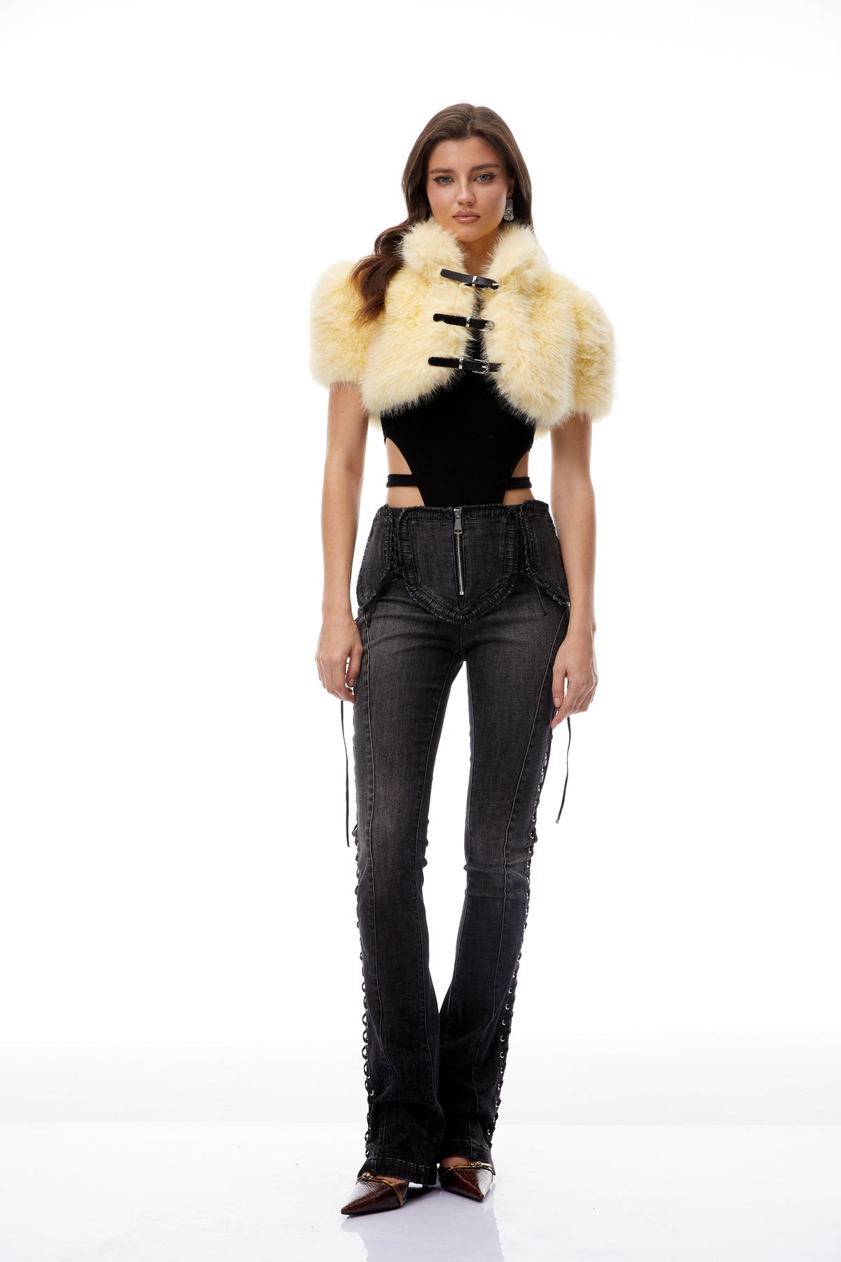 Yellow Faux Fur Buckle Up Shrug
