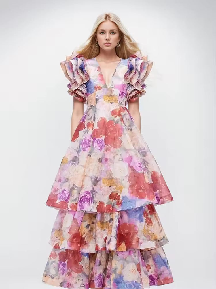 Ruffles V Neck Short Sleeve High Waist Ruched Long