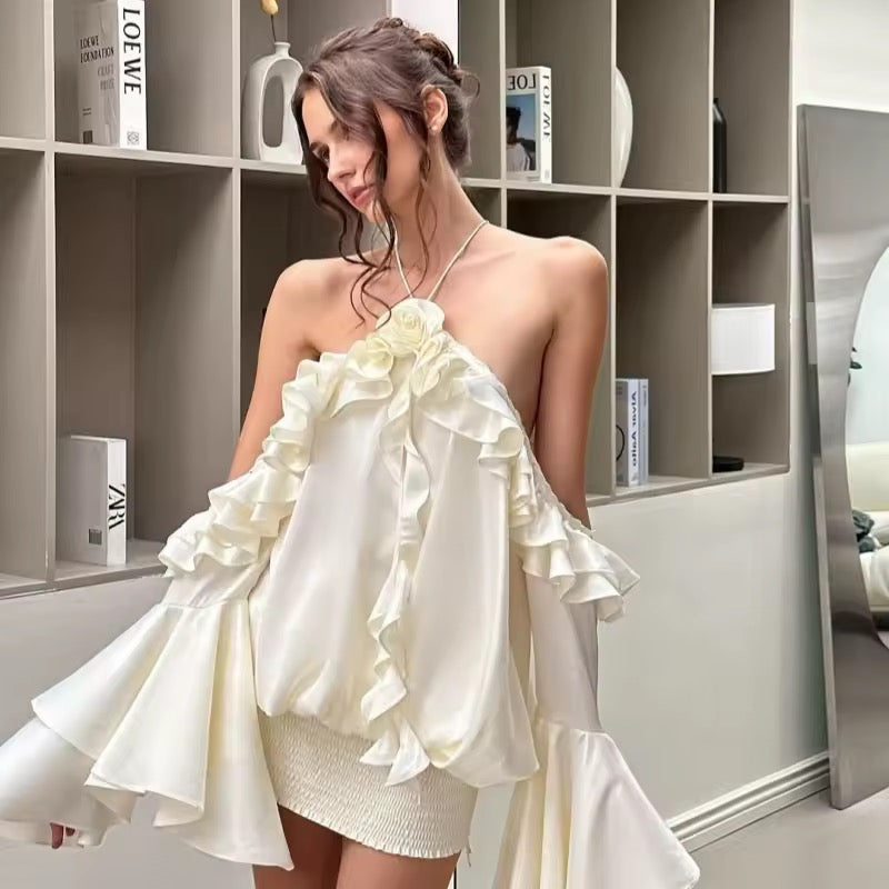 3D Flower Halter Ruffle Off Shoulder Long Flare Sleeve Hip Hot Dress