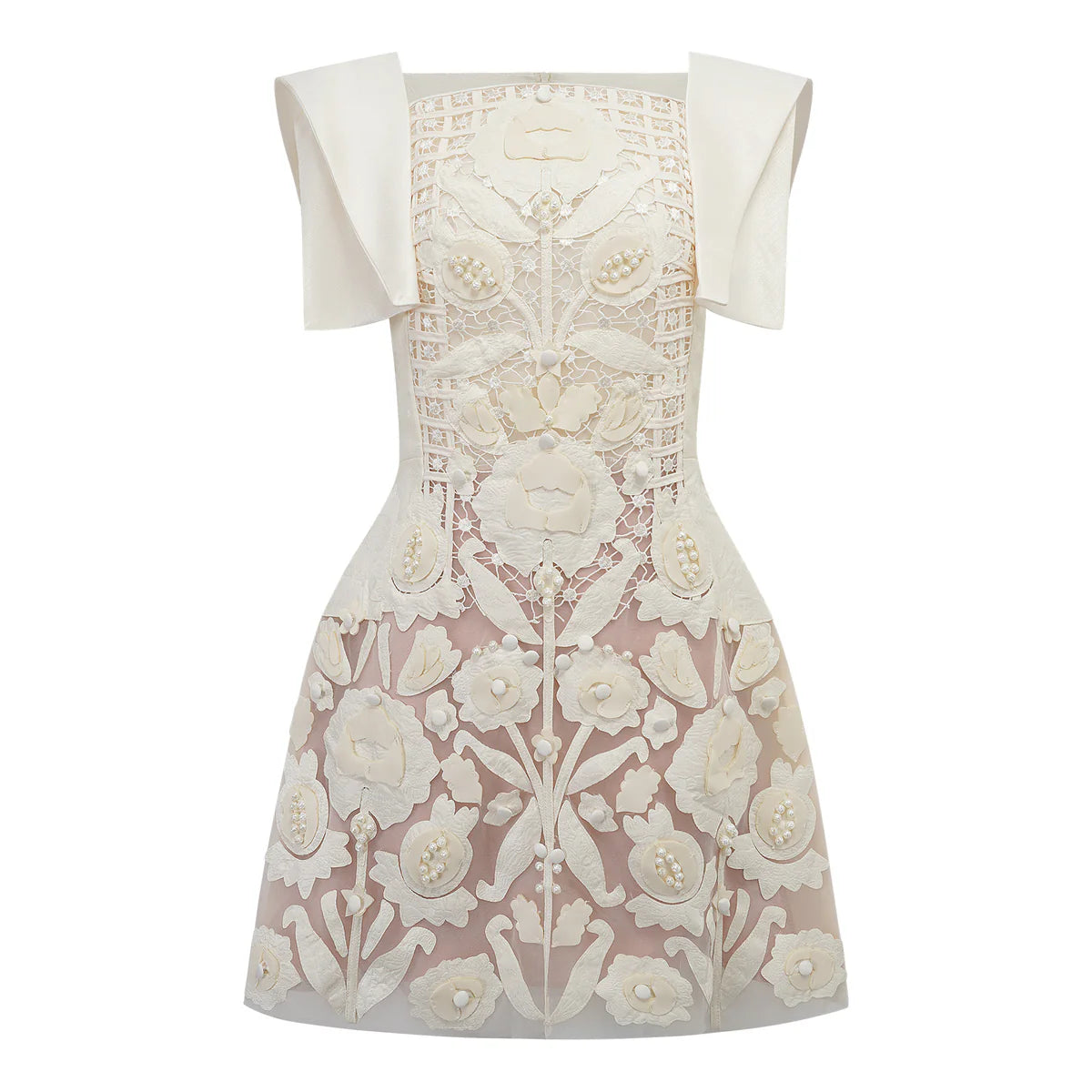 White Floral Appliqué Crochet Mini Dress