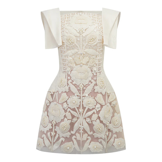 White Floral Appliqué Crochet Mini Dress